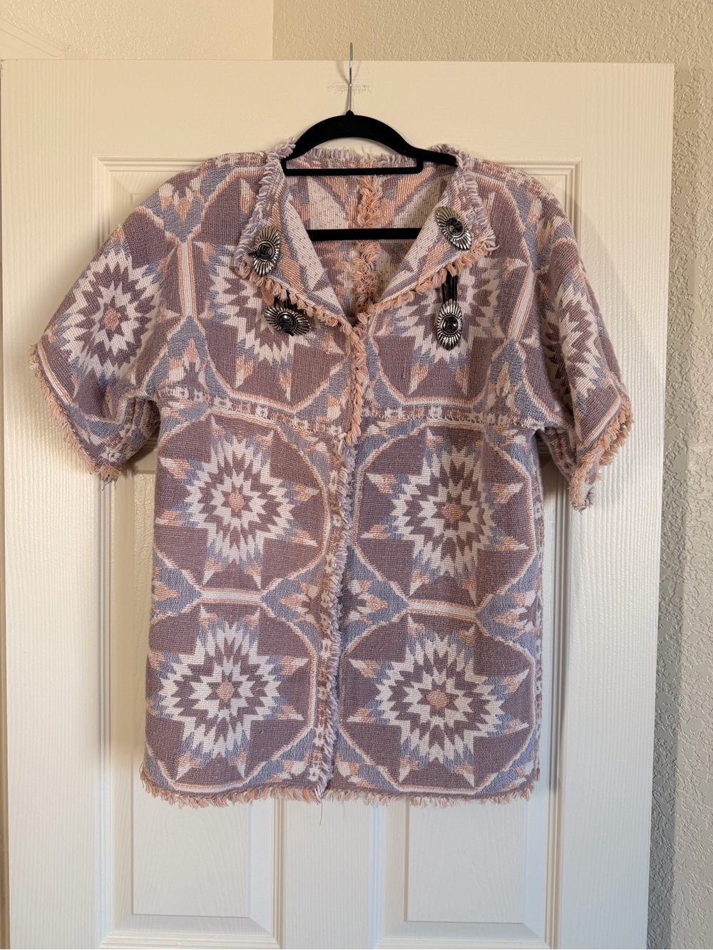 Vintage Fringed Western Aztec Knit Tapestry Cardigan Jacket Soft Lavender/Blush